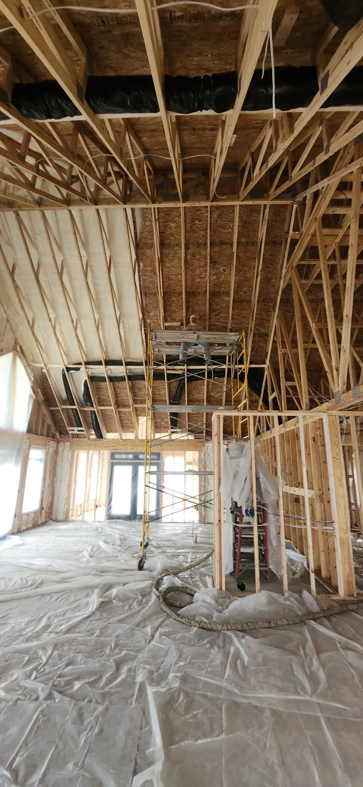 Attic roof trusses and bracing from below